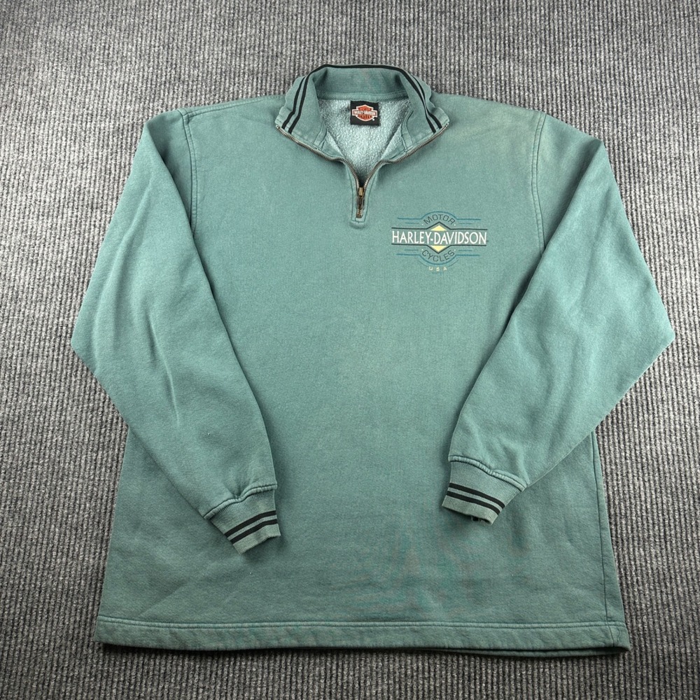Vintage 1998 Harley Davidson Meredith NH Quarter Zip Sweatshirt Teal Green Mens - Picture 4 of 9